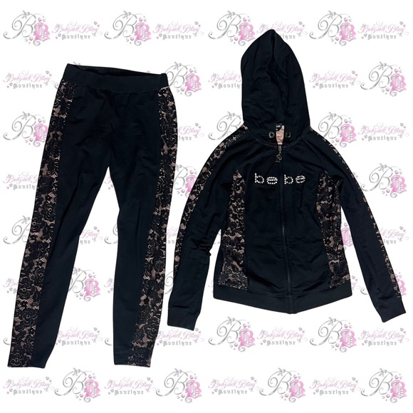 Bebe set 2 piece sweater and pants bling rhinestone diamonds black tan lace - Picture 6 of 8